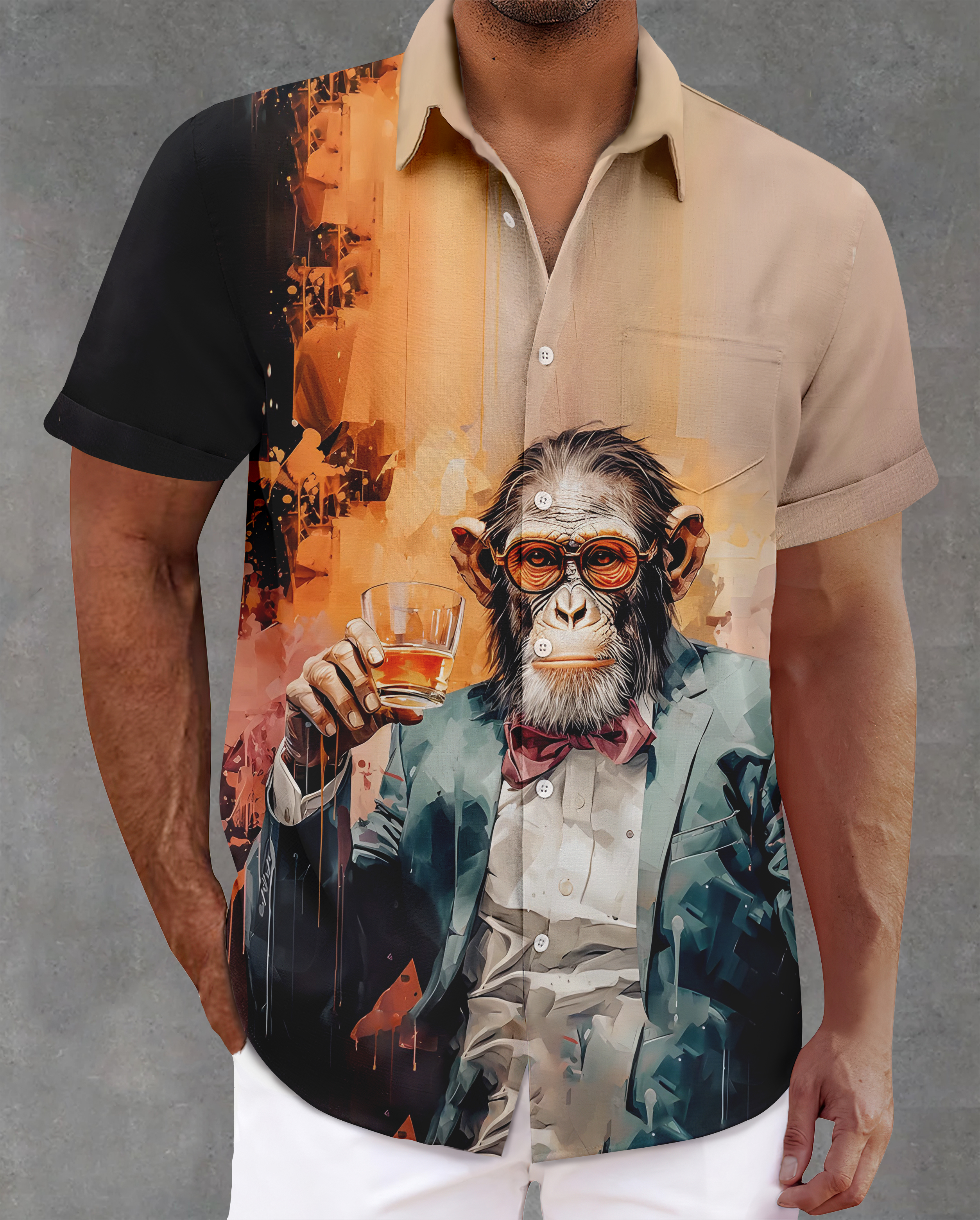 Men's Short Sleeve Shirt with Anthropomorphic Animal Graphics