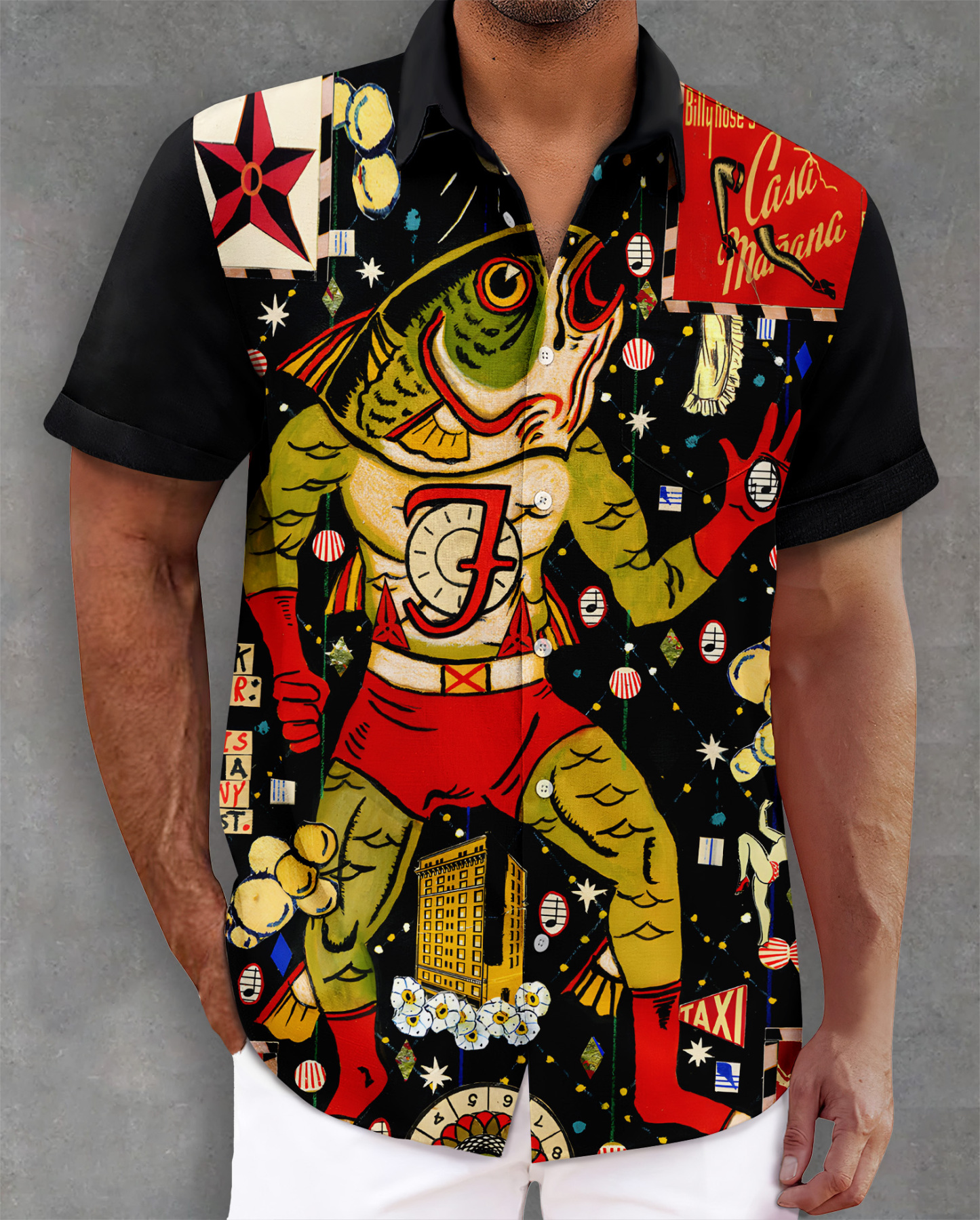 Men's retro illustration short sleeve shirt