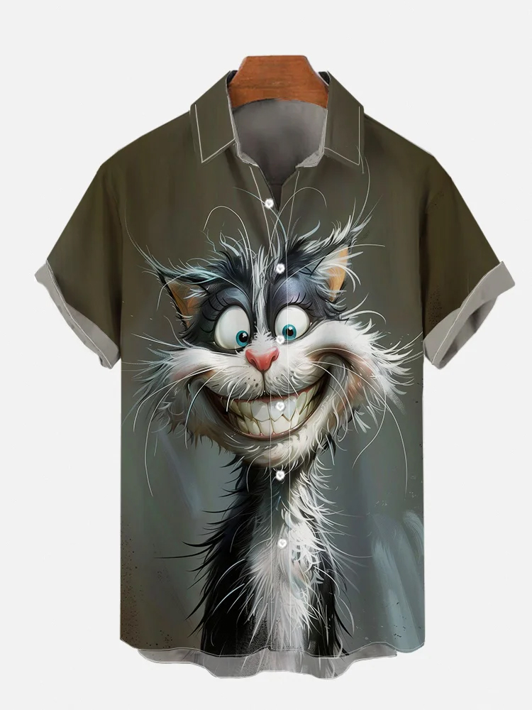 Men's Funny Animal Smiling Cat Print Short Sleeve Shirt