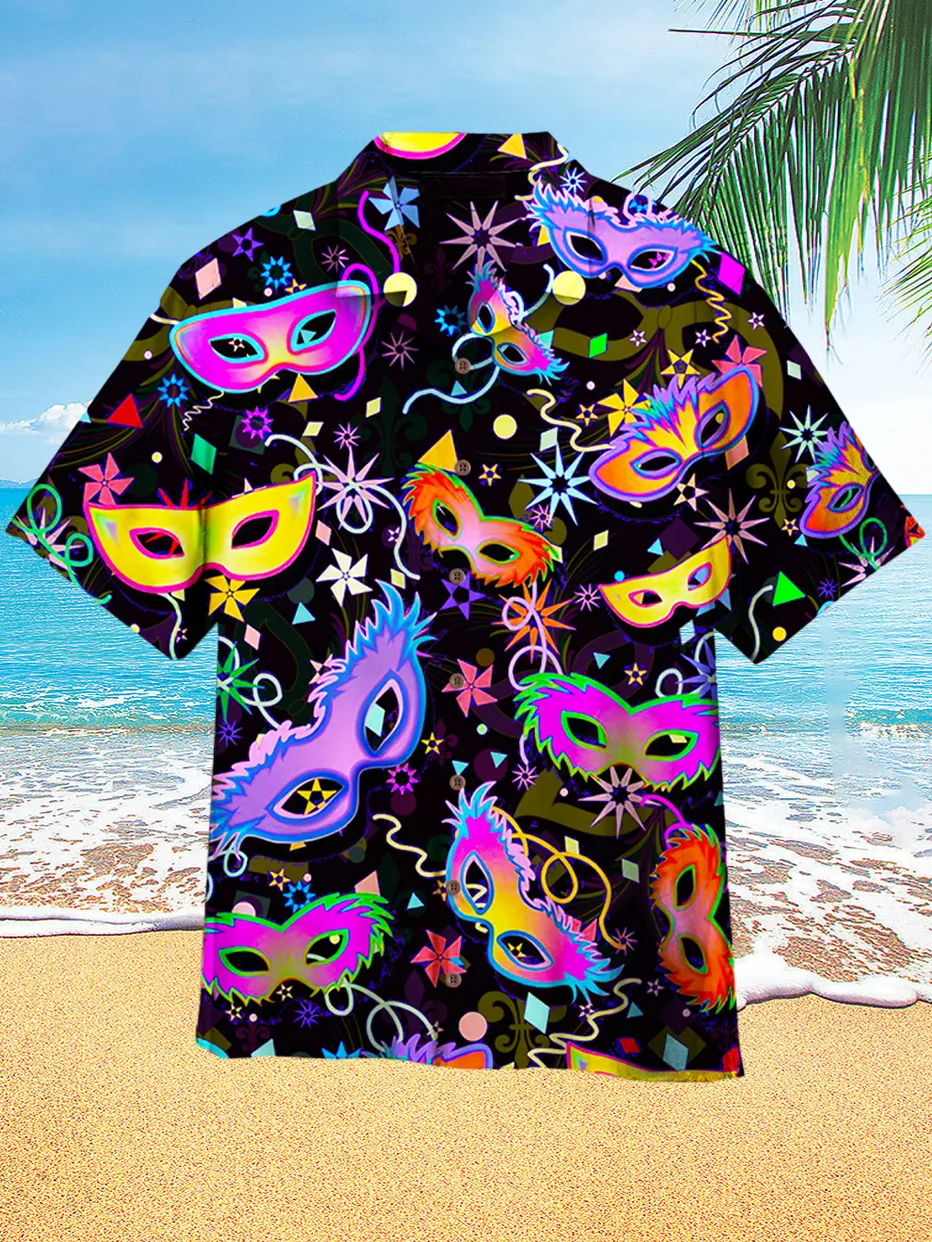 Carnival Carnival Mask Graphic Print Holiday Hawaiian Short Sleeve Shirt
​