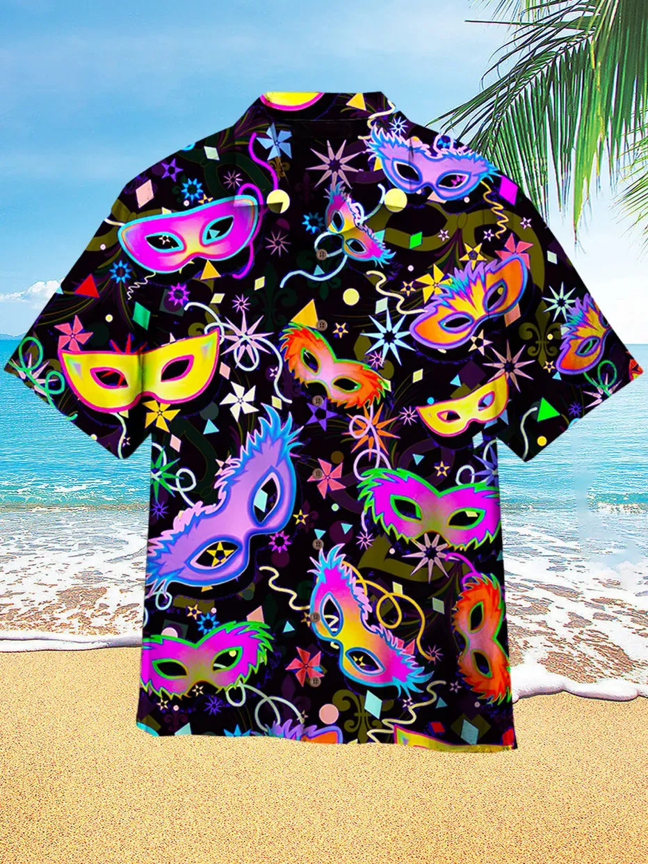 Carnival Carnival Mask Graphic Print Holiday Hawaiian Short Sleeve Shi