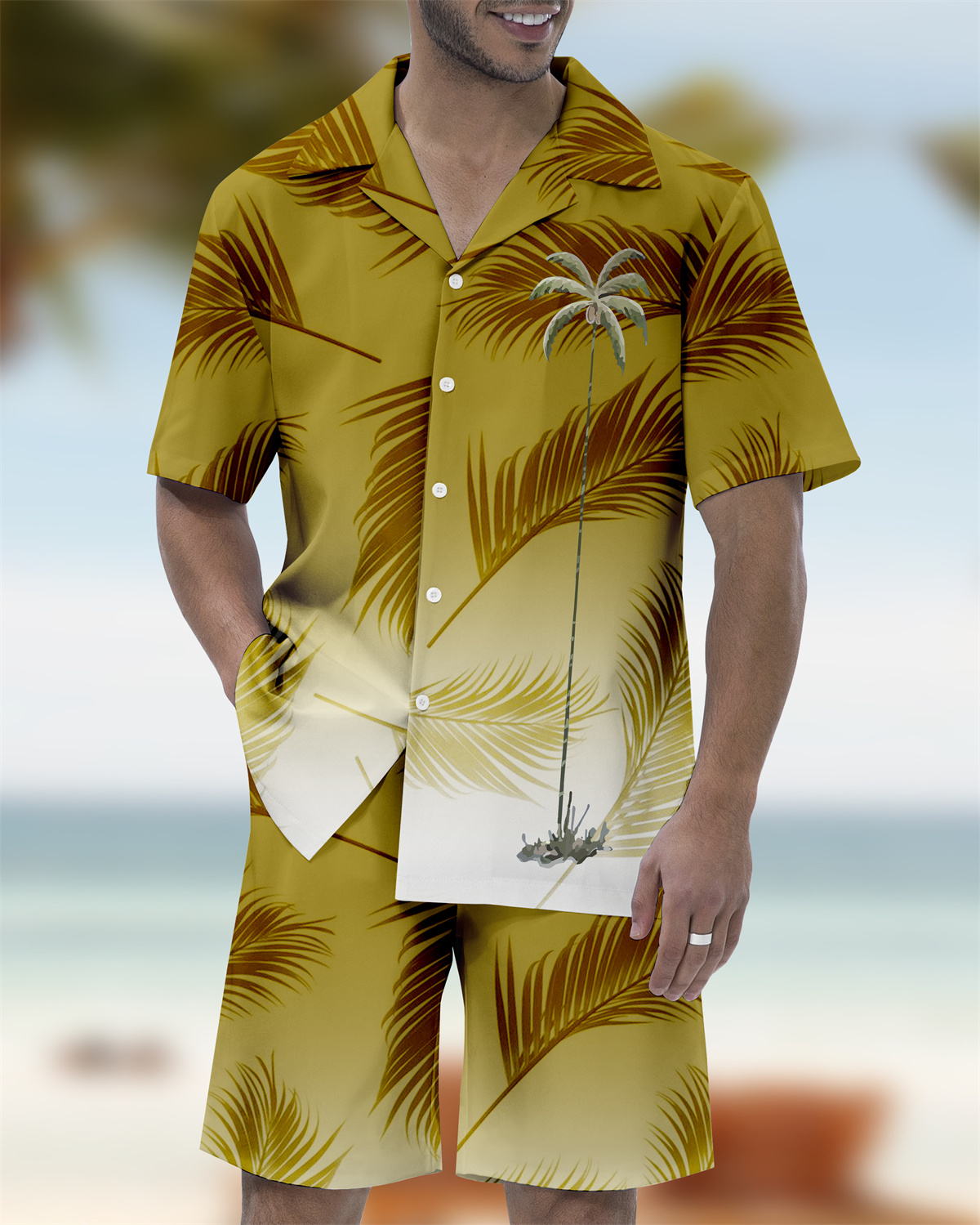 Men's Casual Vacation Hawaiian Cuban Collar Short Sleeve Shirt Set