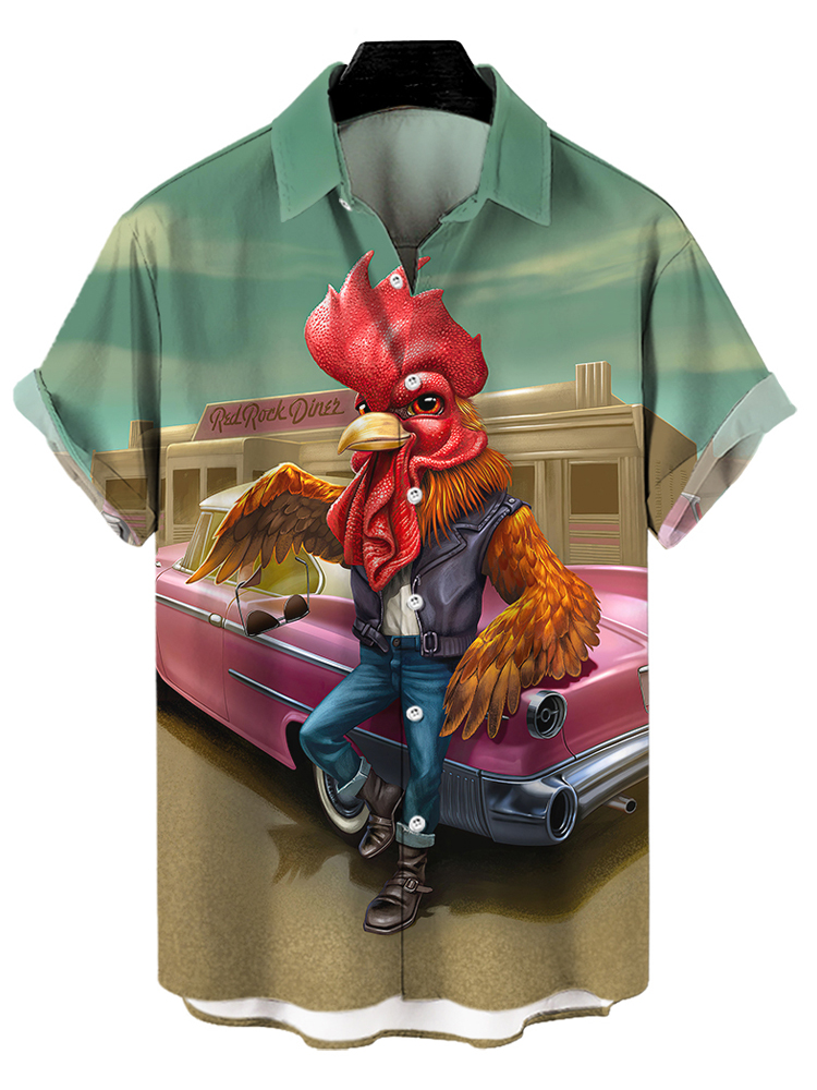 Men's fun retro sports car rooster casual short sleeved pocket shirt