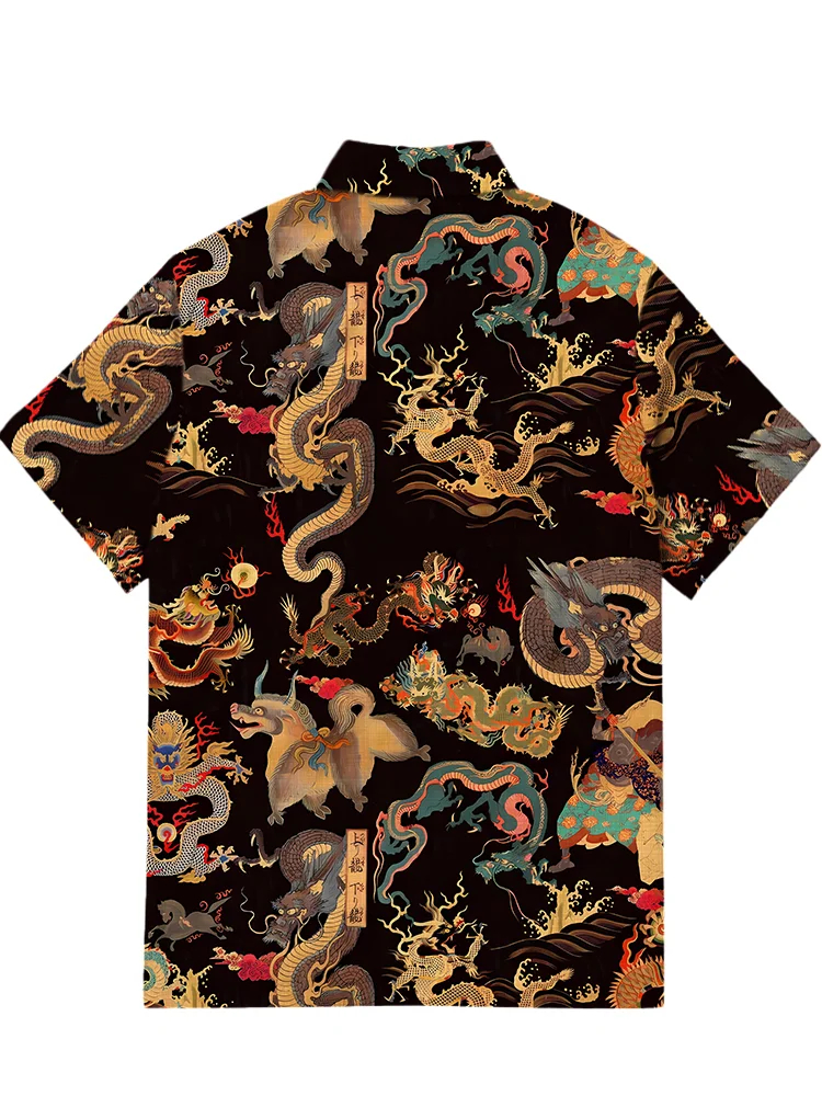 Men's casual mythological animal dragon patchwork printed short sleeved pocket shirt