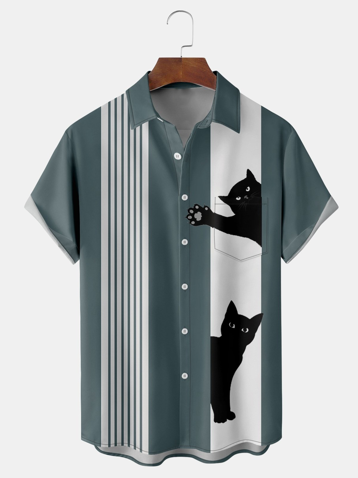 Leisure Cat Print With Contrasting Colors Lapel Neck Short Sleeve Shirt