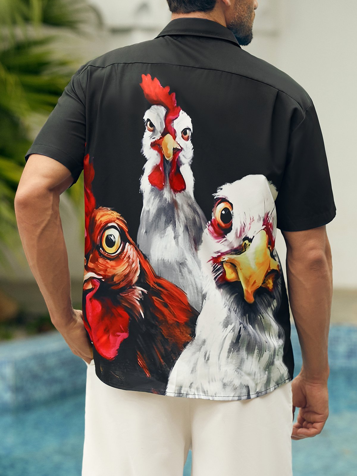 Men's Casual Fun Farm Chicken Print Lapel Short Sleeve Shirt