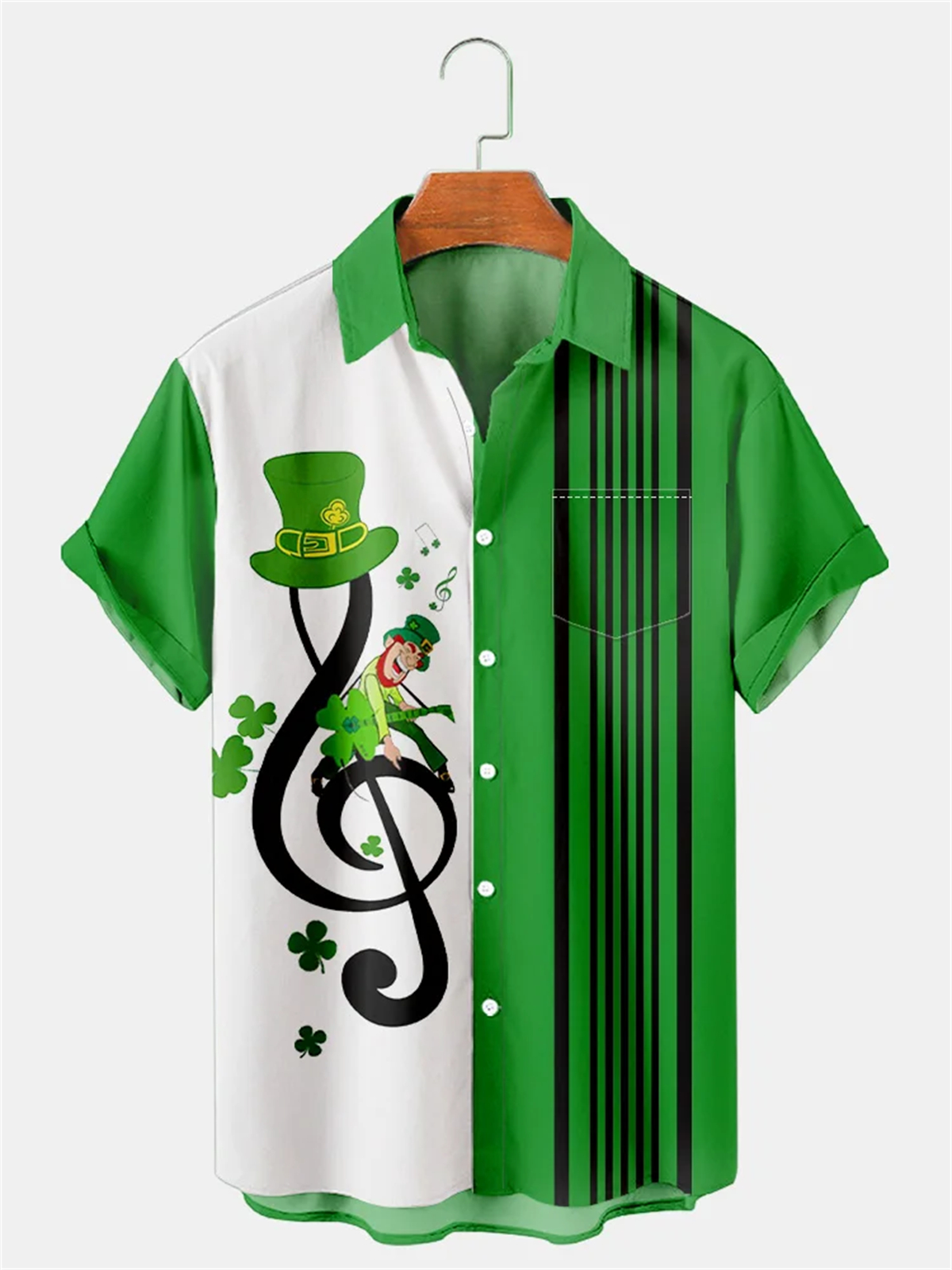 Men's Music Notes Saint Patrick Holiday Bowling Ball Printed Pocket Shirt