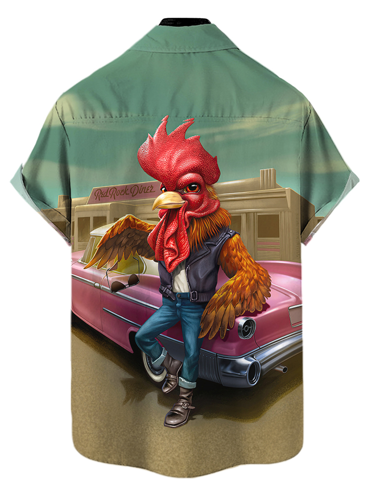 Men's fun retro sports car rooster casual short sleeved pocket shirt