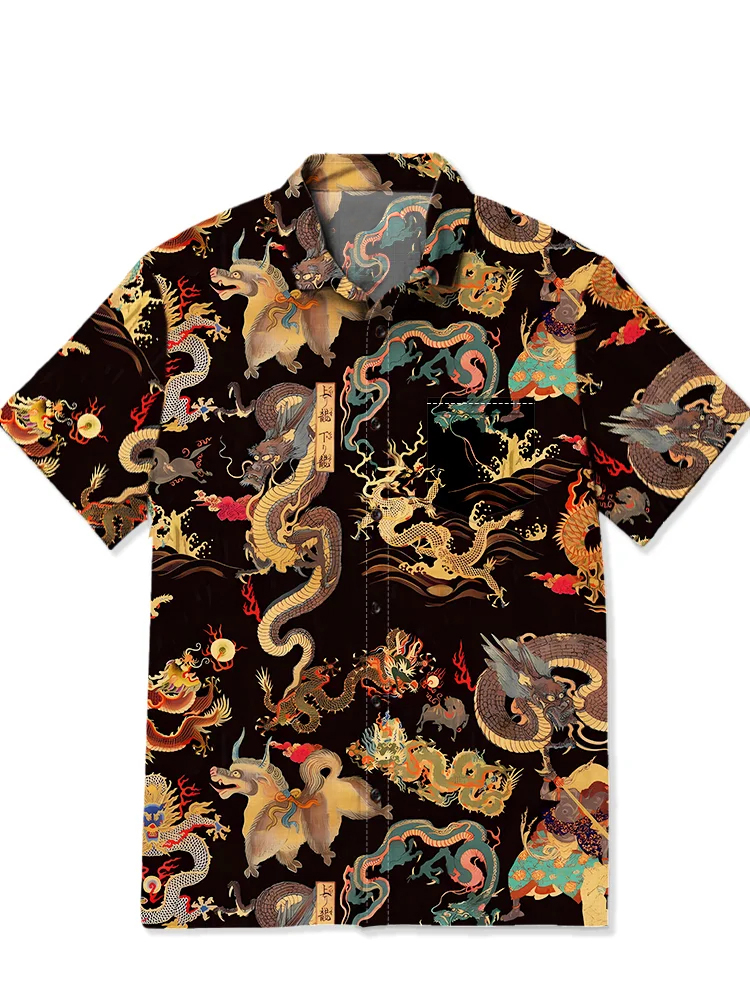 Men's casual mythological animal dragon patchwork printed short sleeved pocket shirt