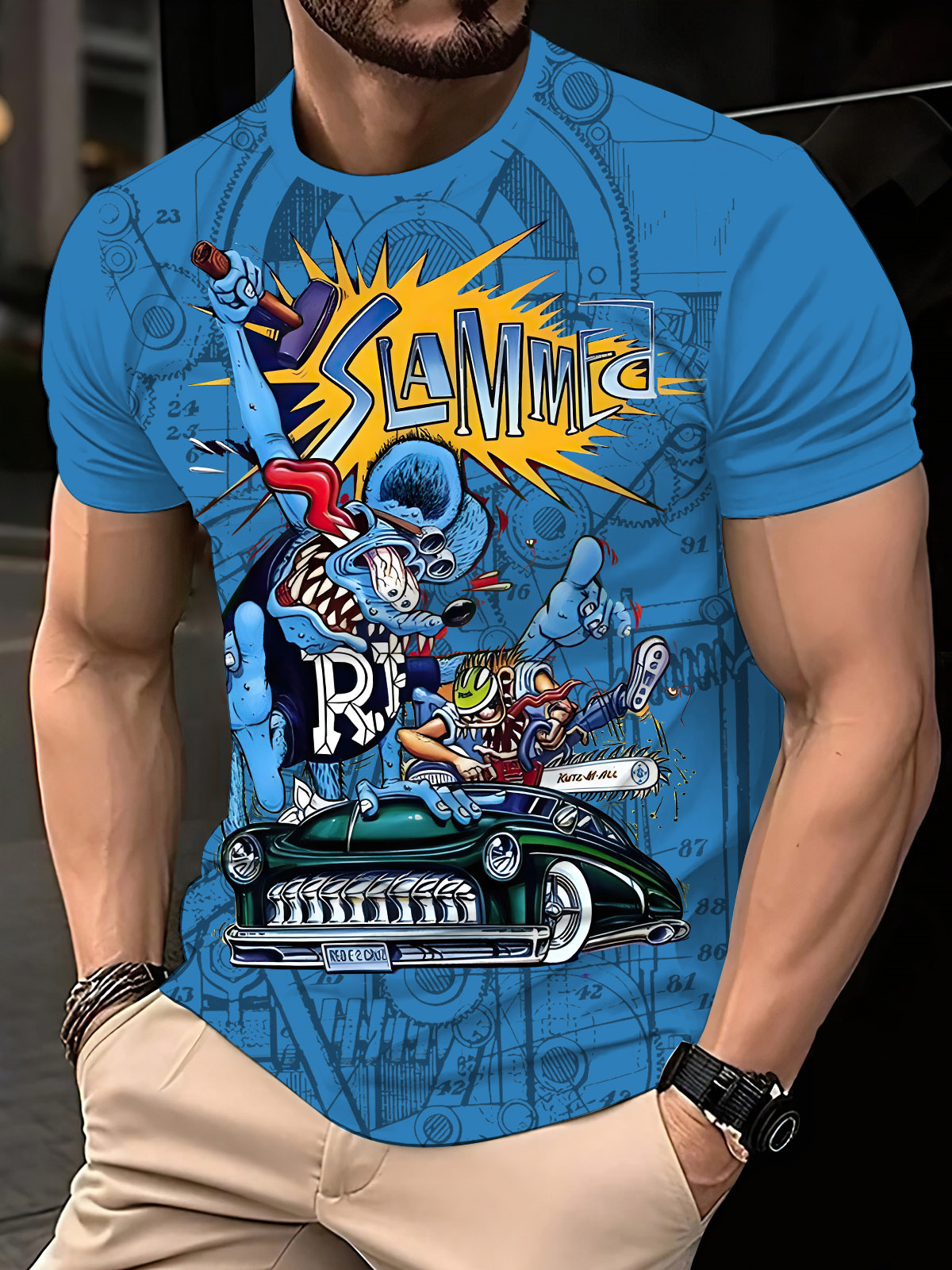 Men's Retro Cartoon Car Graphic Illustration Short Sleeve T-Shirt