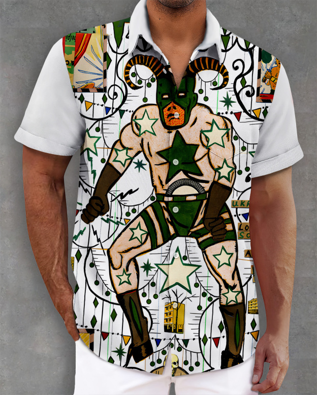 Men's retro illustration short sleeve shirt