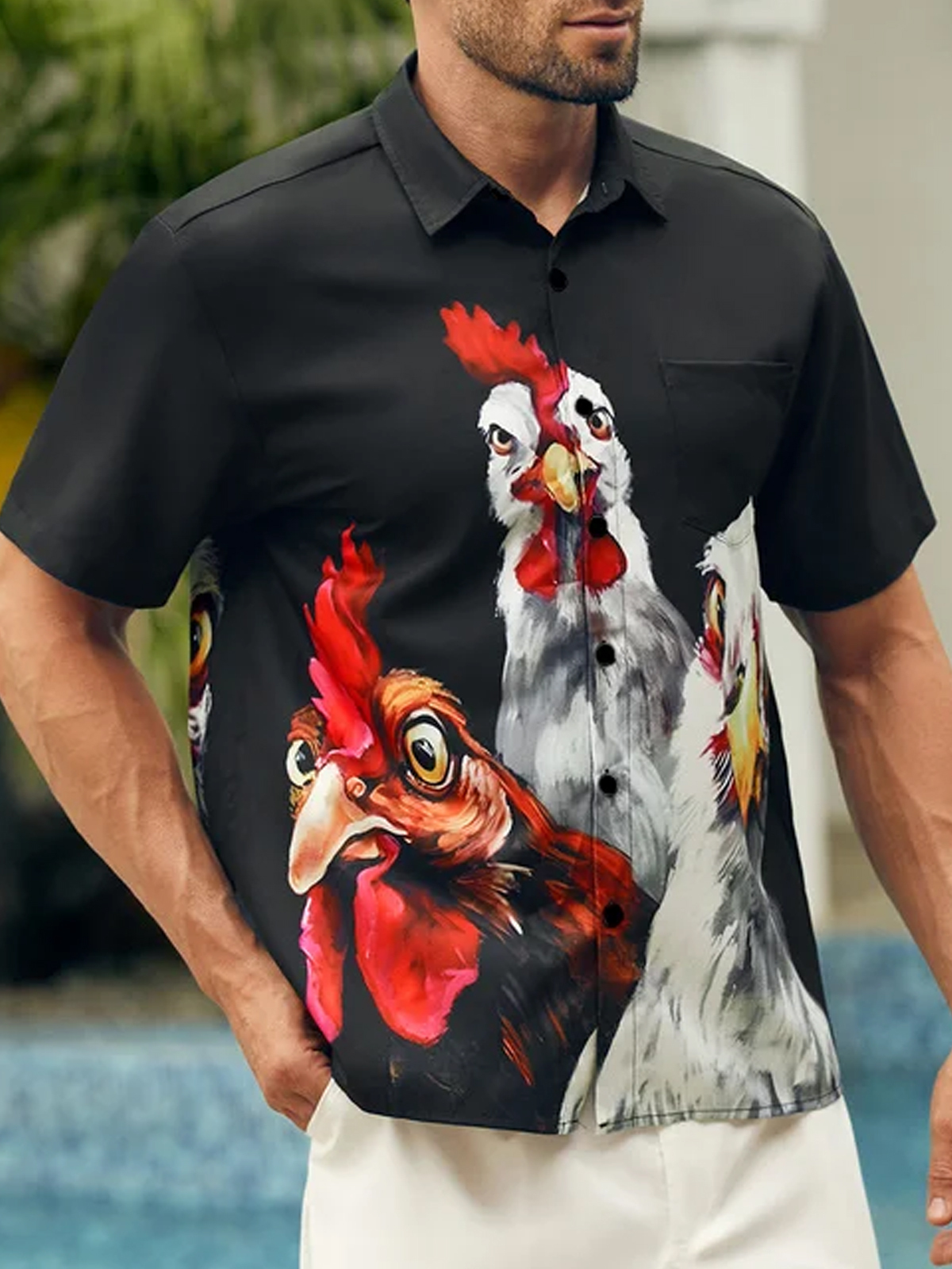 Men's Casual Fun Farm Chicken Print Lapel Short Sleeve Shirt