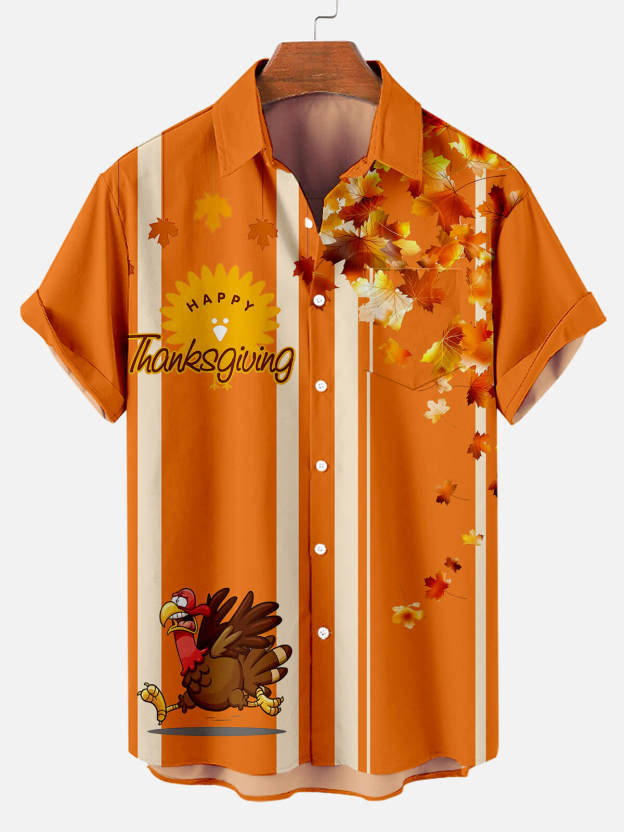 Men's Thanksgiving Fun Turkey Maple Leaf Contrast Striped Short Sleeve Shirt