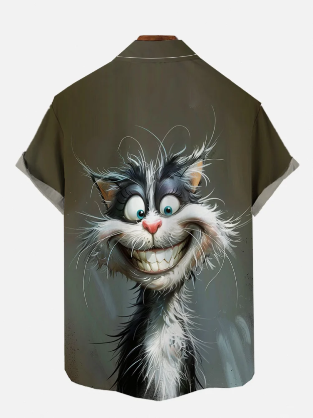 Men's Funny Animal Smiling Cat Print Short Sleeve Shirt