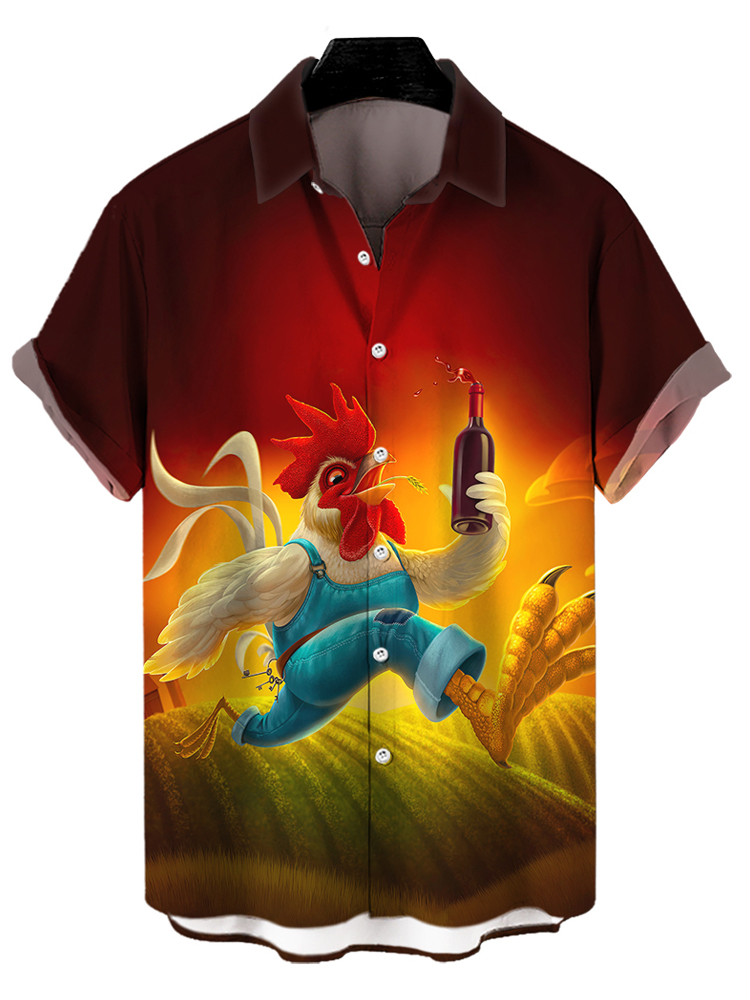 Men's fun retro red wine rooster casual short sleeved pocket shirt