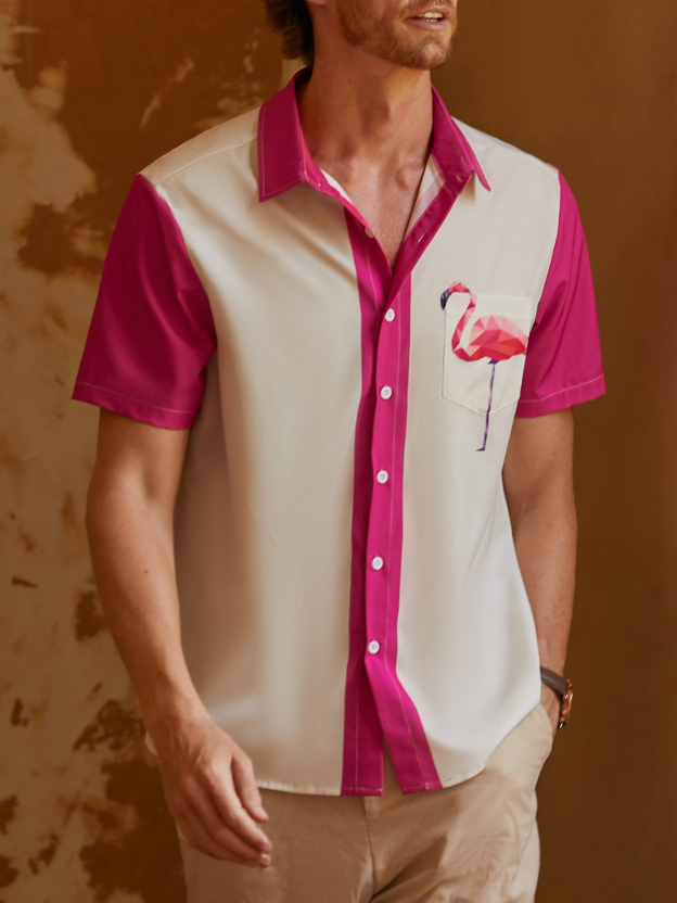 Men's Casual Flamingo Print Lapel Short Sleeve Pocket Bowling Shirt