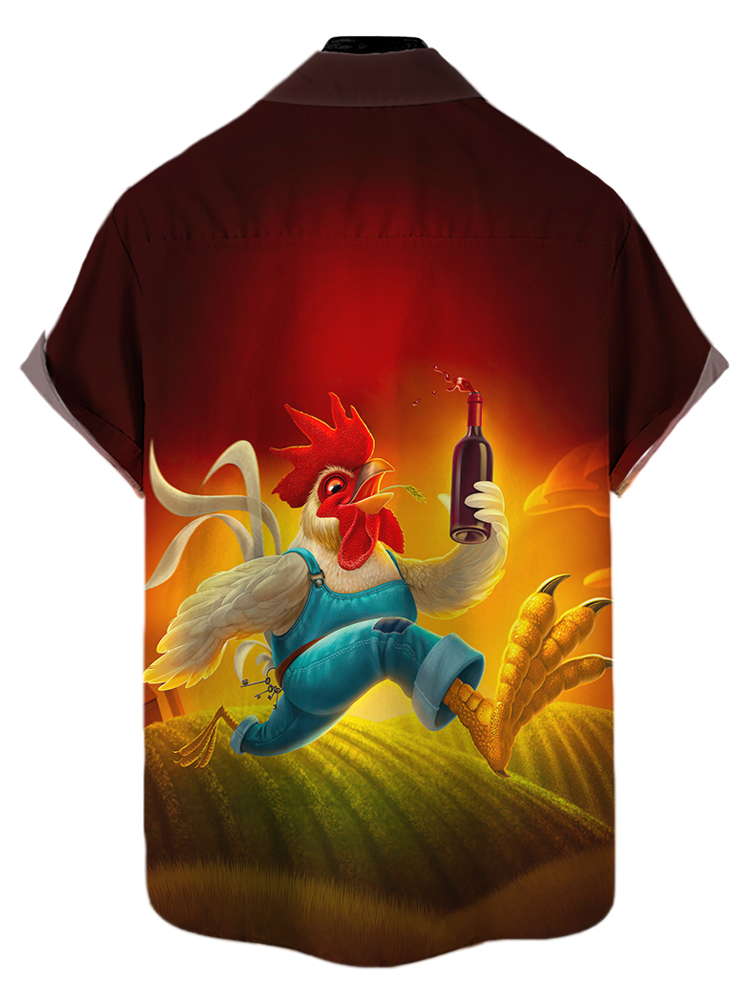 Men's fun retro red wine rooster casual short sleeved pocket shirt