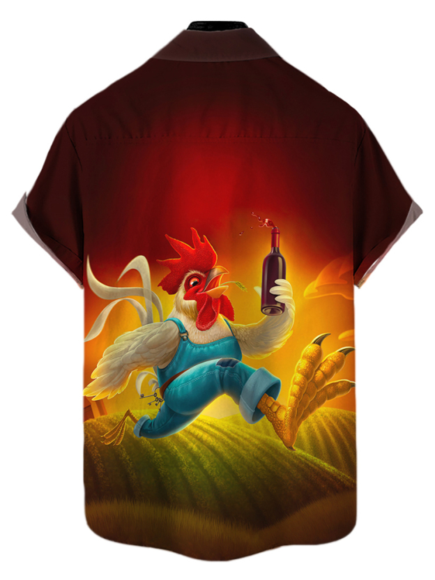 Men's fun retro red wine rooster casual short sleeved pocket shirt