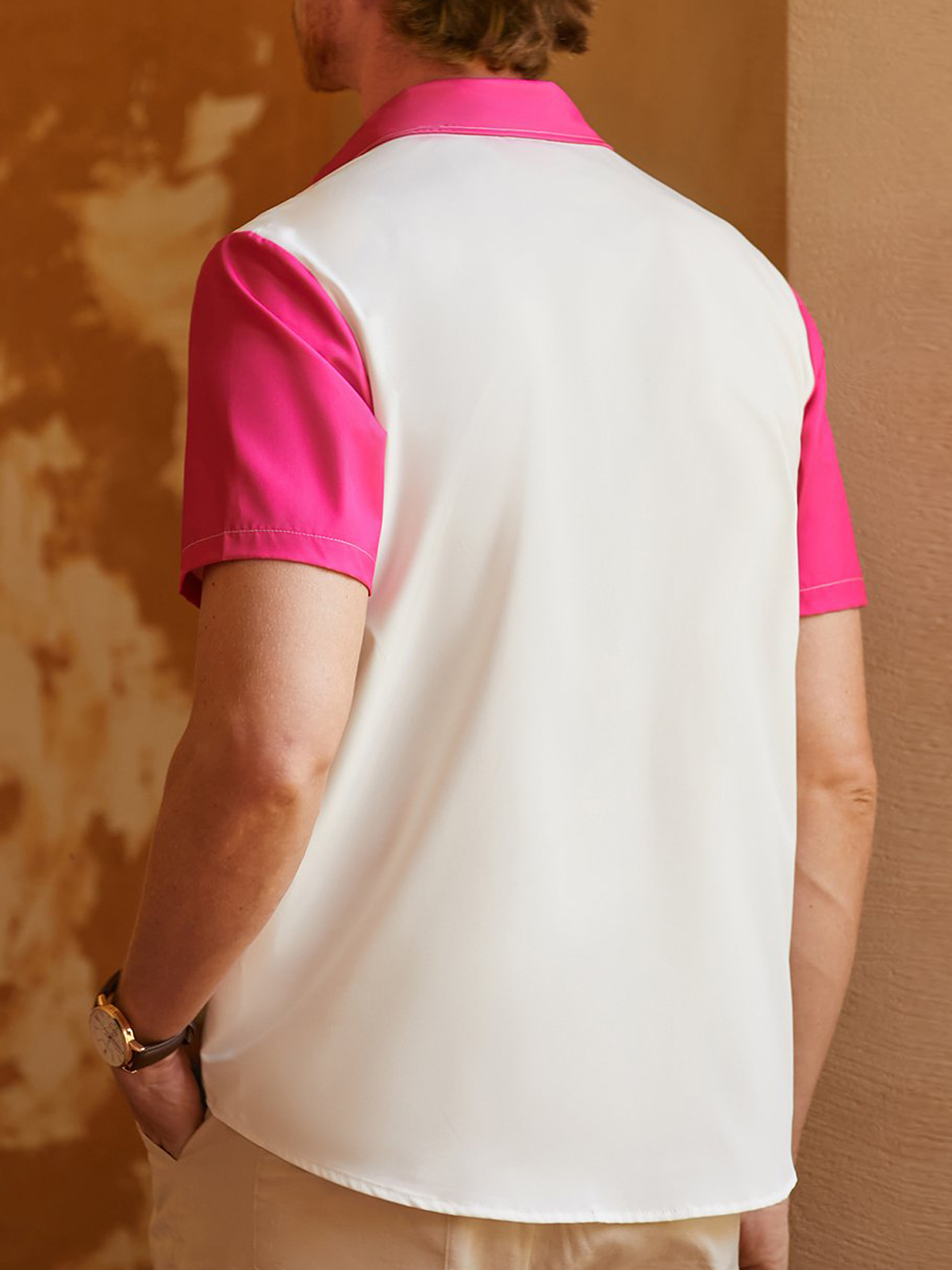 Men's Casual Flamingo Print Lapel Short Sleeve Pocket Bowling Shirt