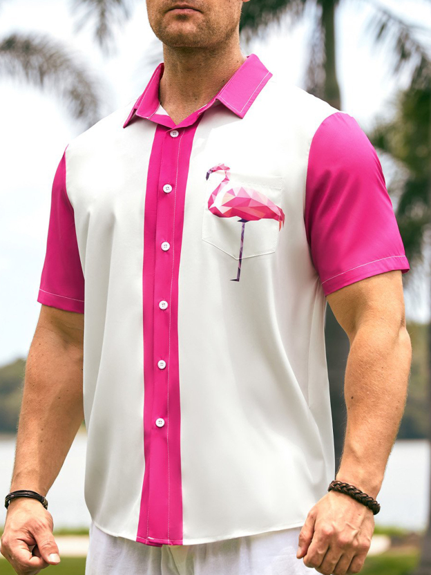 Men's Casual Flamingo Print Lapel Short Sleeve Pocket Bowling Shirt
