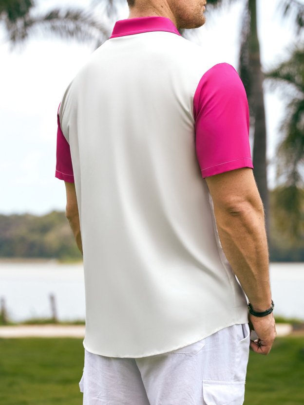 Men's Casual Flamingo Print Lapel Short Sleeve Pocket Bowling Shirt