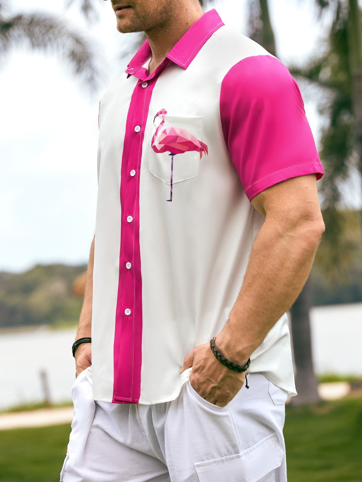 Men's Casual Flamingo Print Lapel Short Sleeve Pocket Bowling Shirt