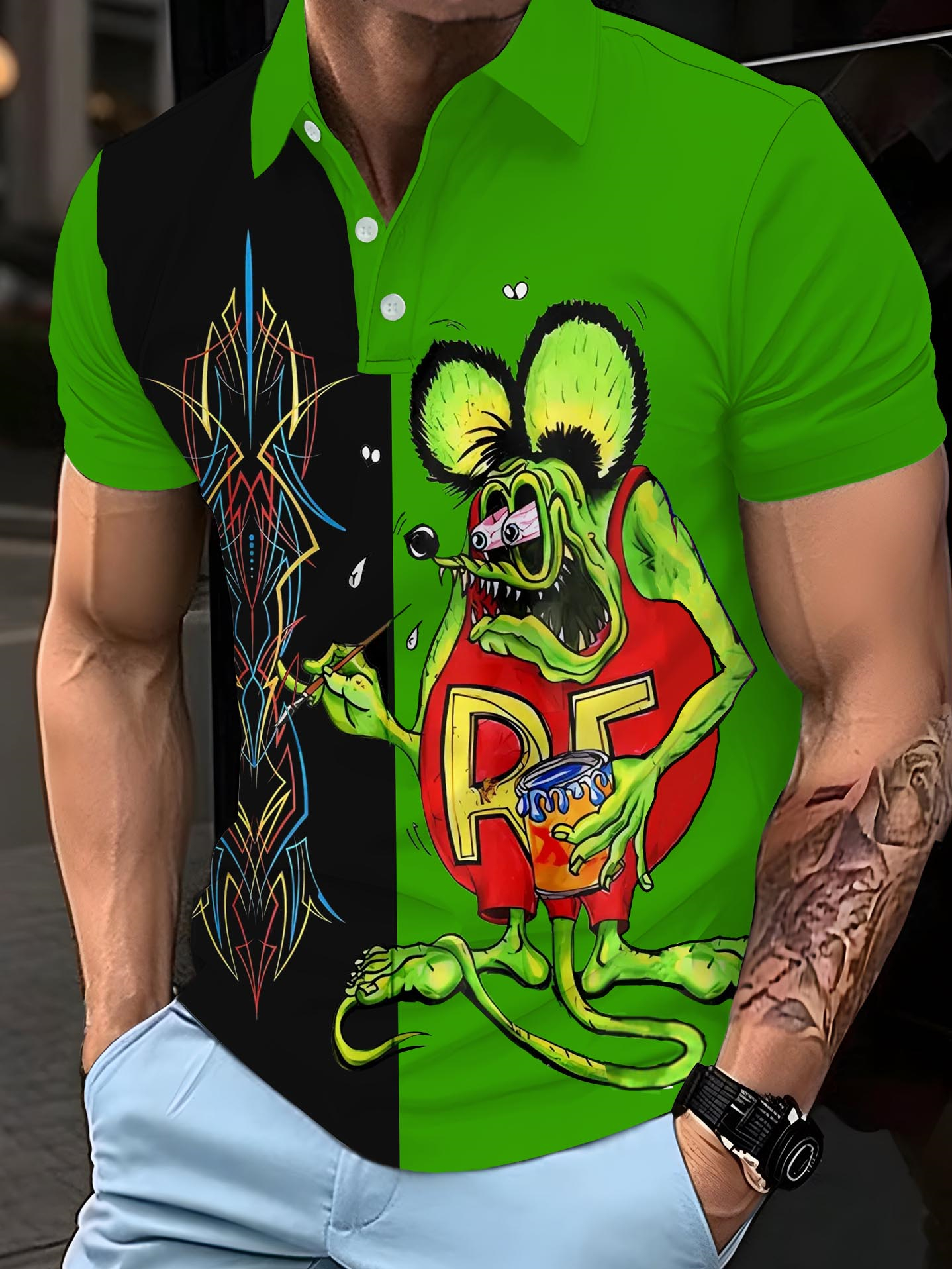 Men‘s retro cartoon car graphic illustration button up polo shirt