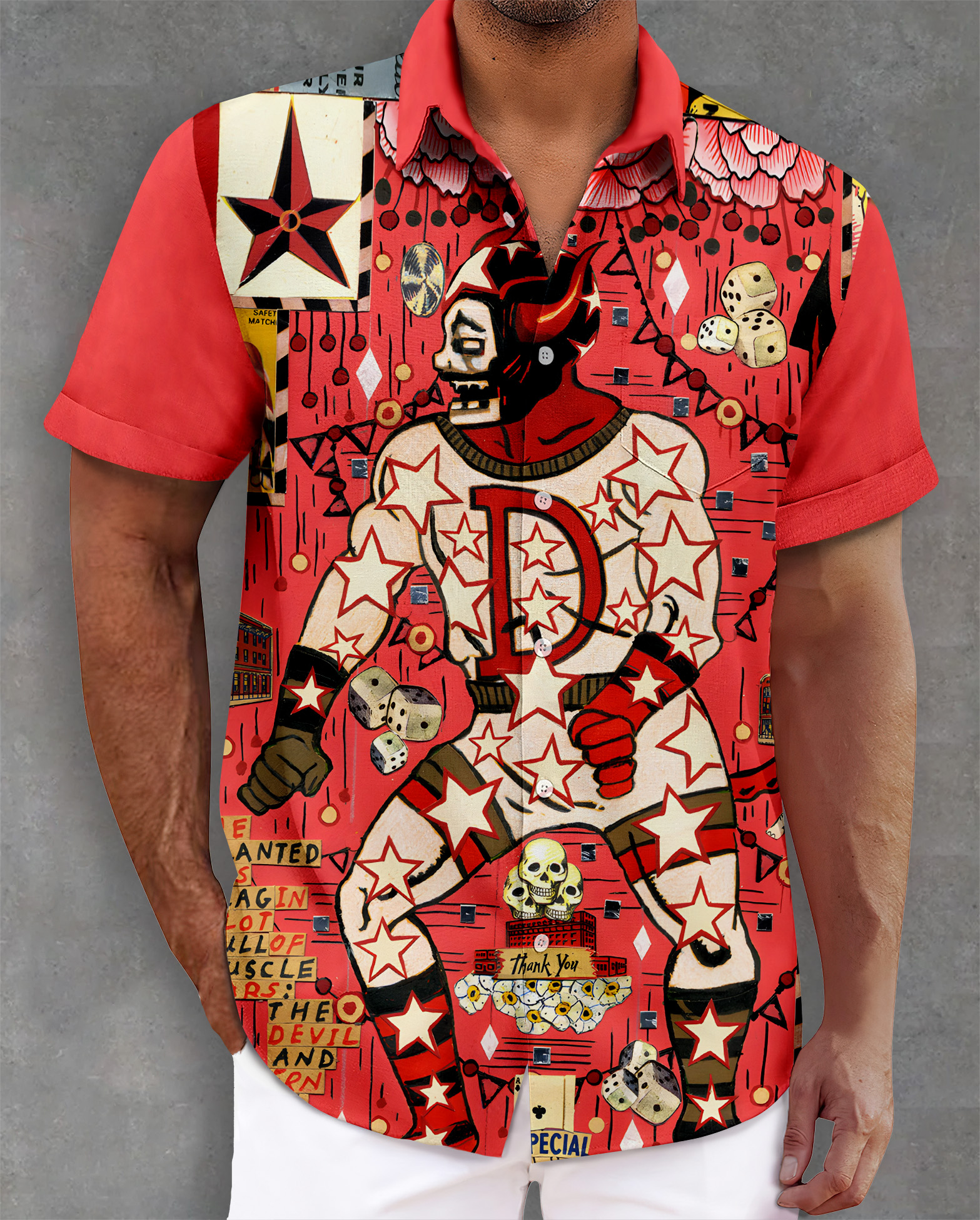 Men's retro illustration short sleeve shirt