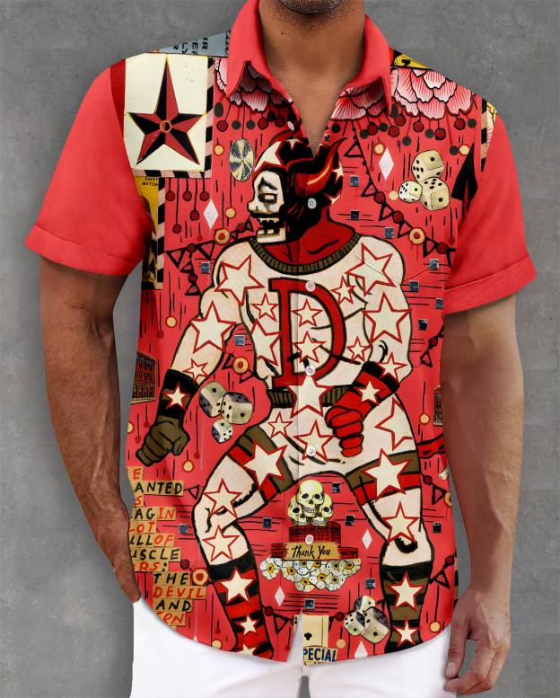 Men's retro illustration short sleeve shirt