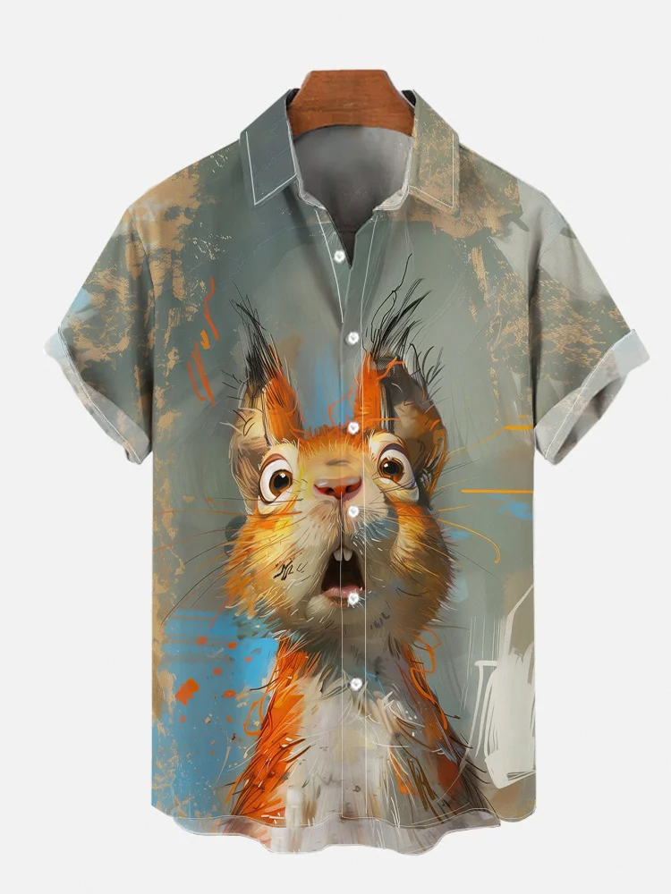 Men's Funny Animal Surprise Squirrel Print Short Sleeve Shirt