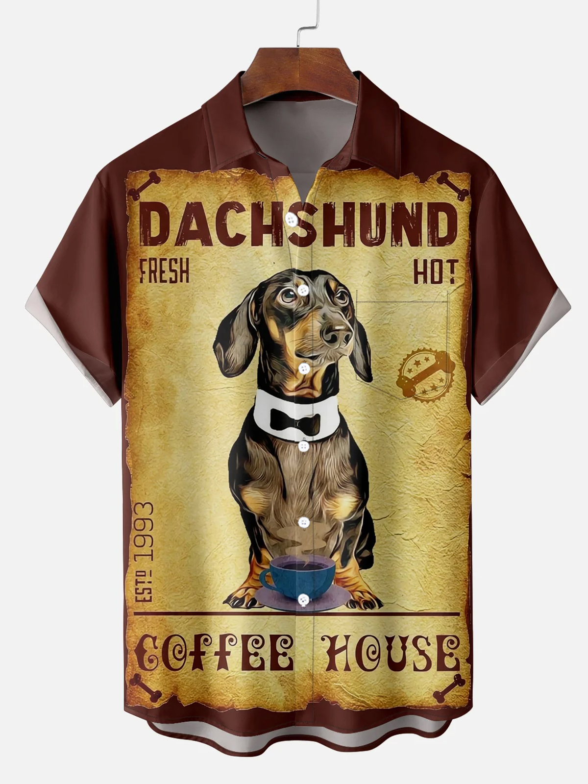 Men's Vintage Poster Dachshund Graphic Print Hawaiian Short Sleeve Shirt
