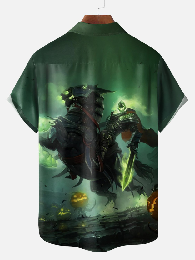 Halloween Headless Horseman Art Illustration Chest Pocket Hawaiian Shirt
