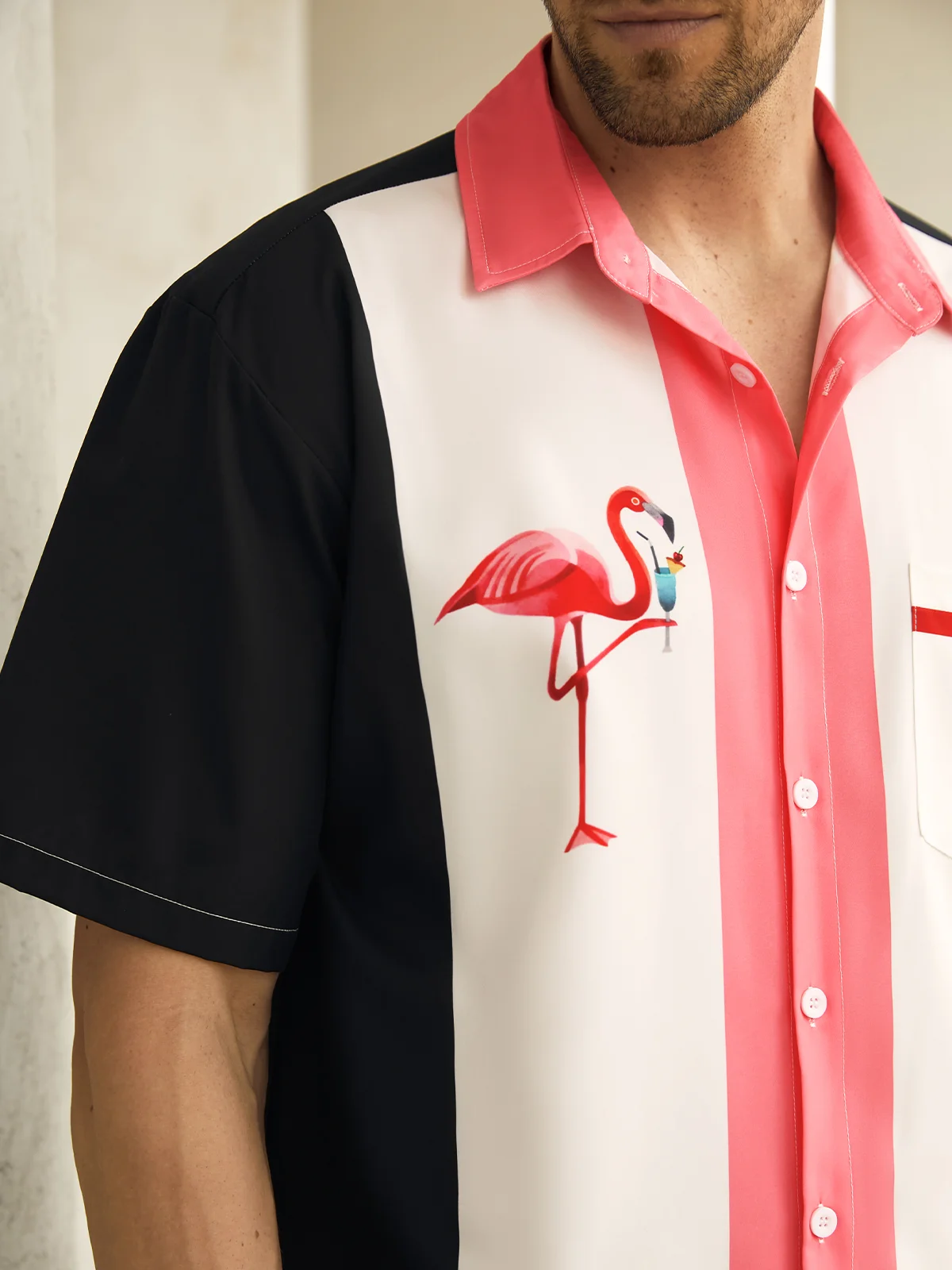 Men's Casual Flamingo Print Lapel Short Sleeve Pocket Bowling Shirt