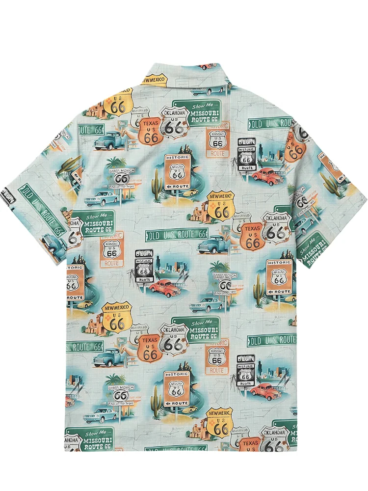 Men's casual retro car road print short sleeved pocket shirt