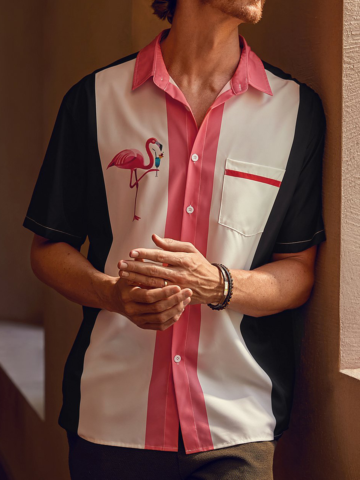 Men's Casual Flamingo Print Lapel Short Sleeve Pocket Bowling Shirt