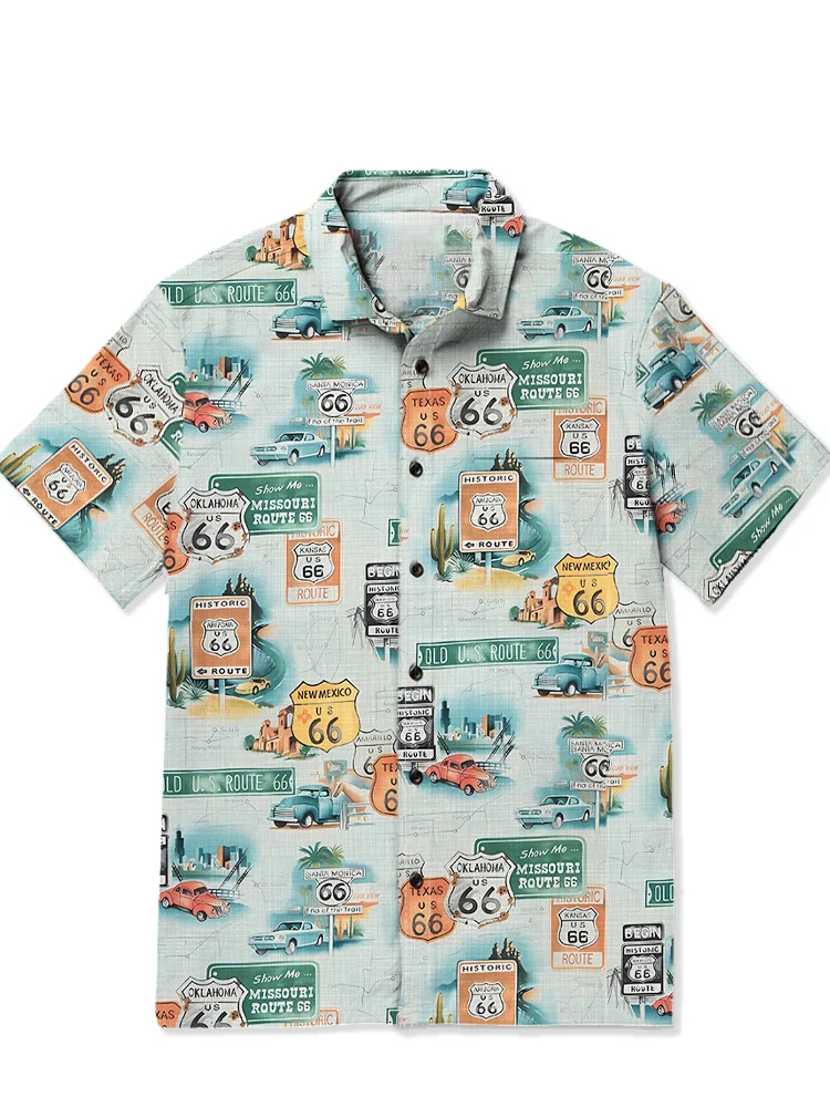 Men's casual retro car road print short sleeved pocket shirt