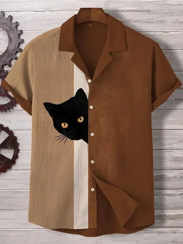 （8 pieces) Men's Casual Patterned Illustration Short Sleeve Shirt 