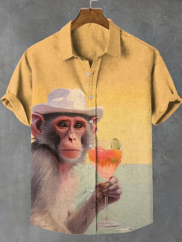 （8 pieces) Men's Casual Patterned Illustration Short Sleeve Shirt 