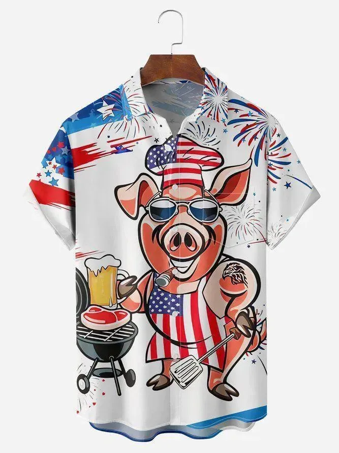（8 pieces) Men's Casual Patterned Illustration Short Sleeve Shirt 