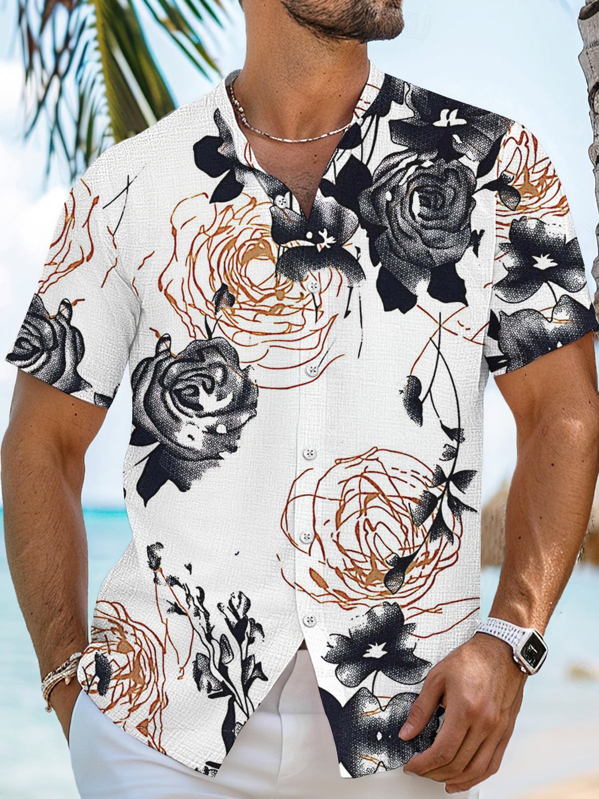 Men's off-duty Hawaiian floral high stretch bamboo fiber short-sleeved shirt