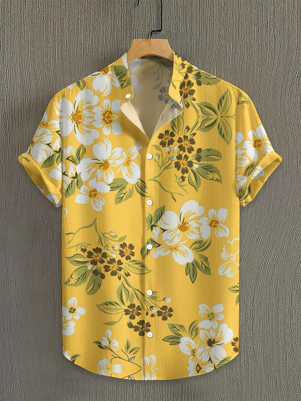 Men's yellow elegant Hawaiian high elastic bamboo fiber short-sleeved shirt