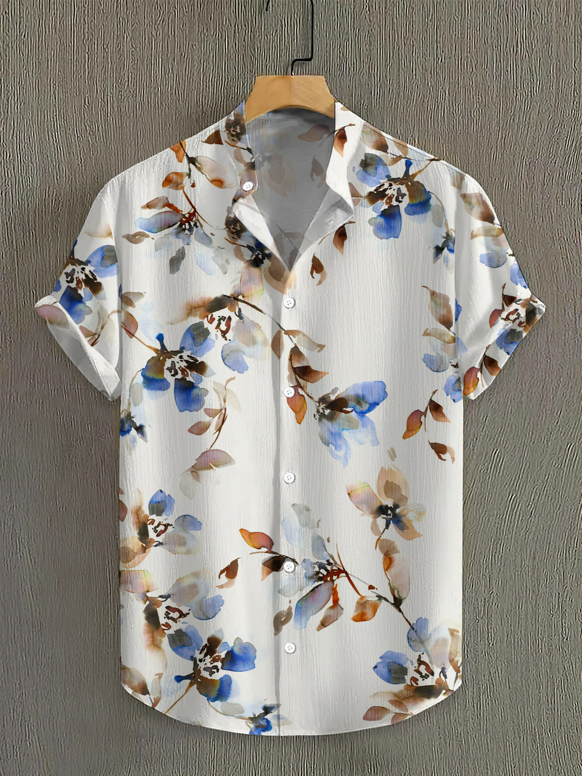 Men's high-stretch bamboo fiber short-sleeved shirt with elegant floral pattern