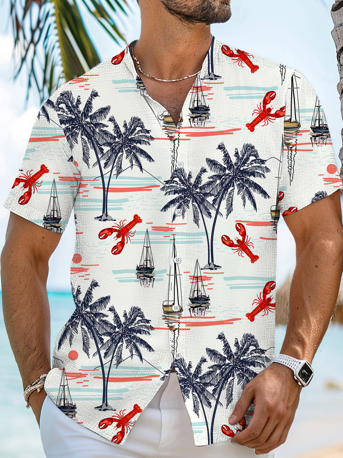 Men's Crayfish Hawaiian Pattern High Stretch Bamboo Fiber Short Sleeve Shirt