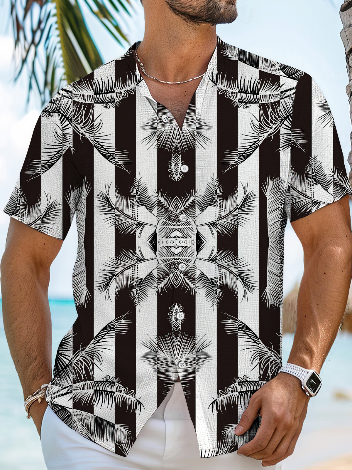 Men's Striped Hawaiian High Stretch Bamboo Fiber Short Sleeve Shirt