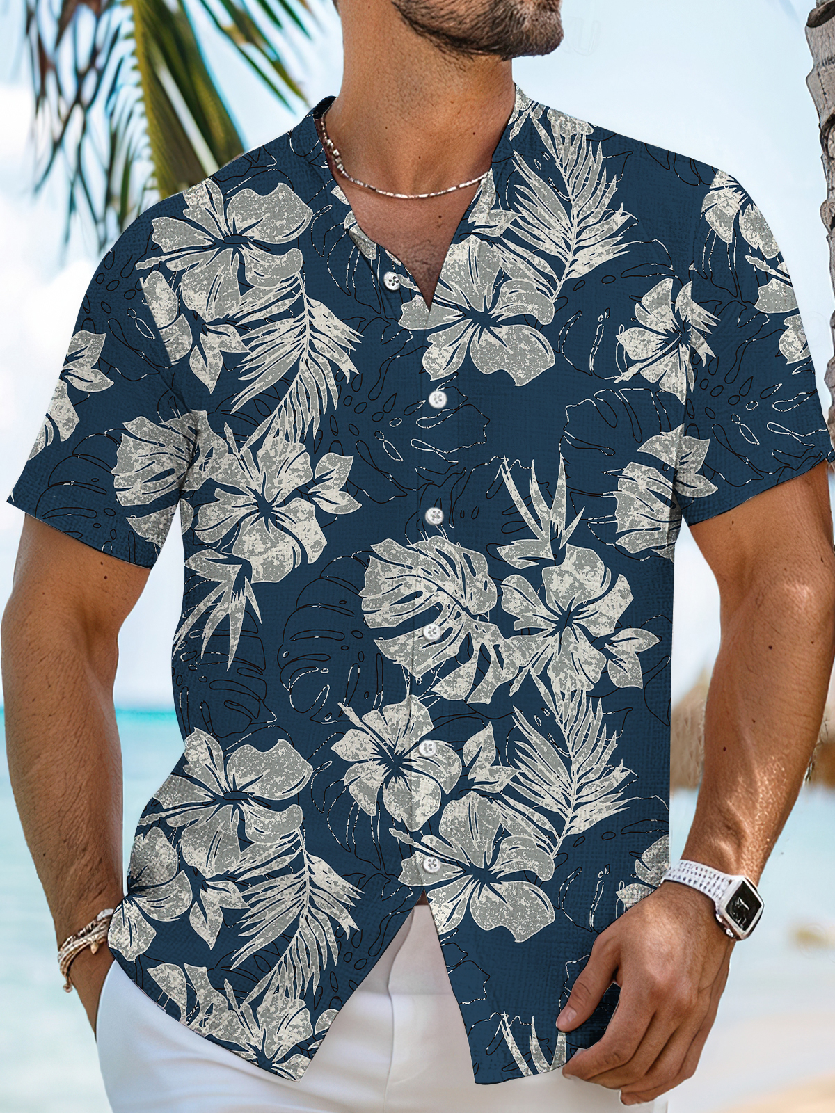 Men's Dark Blue Hawaiian Pattern High Stretch Bamboo Shirt