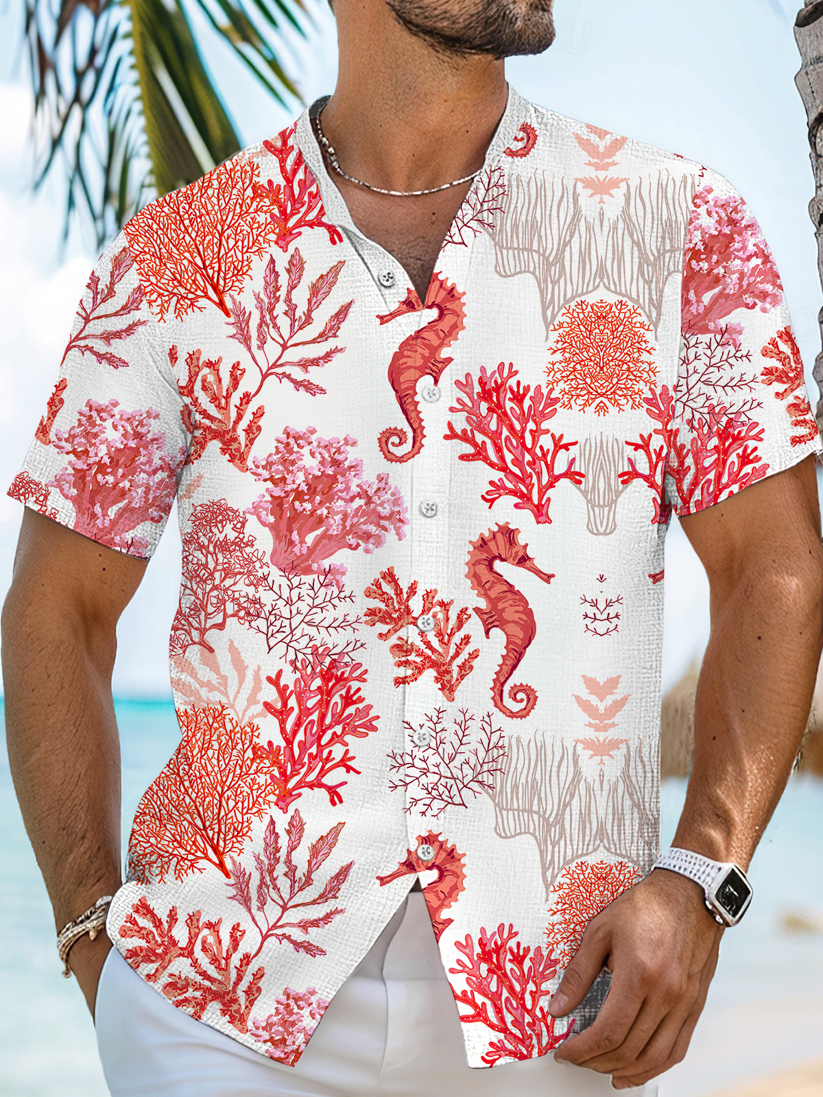 Men's Seahorse Coral Pattern High Stretch Bamboo Fiber Short Sleeve Shirt