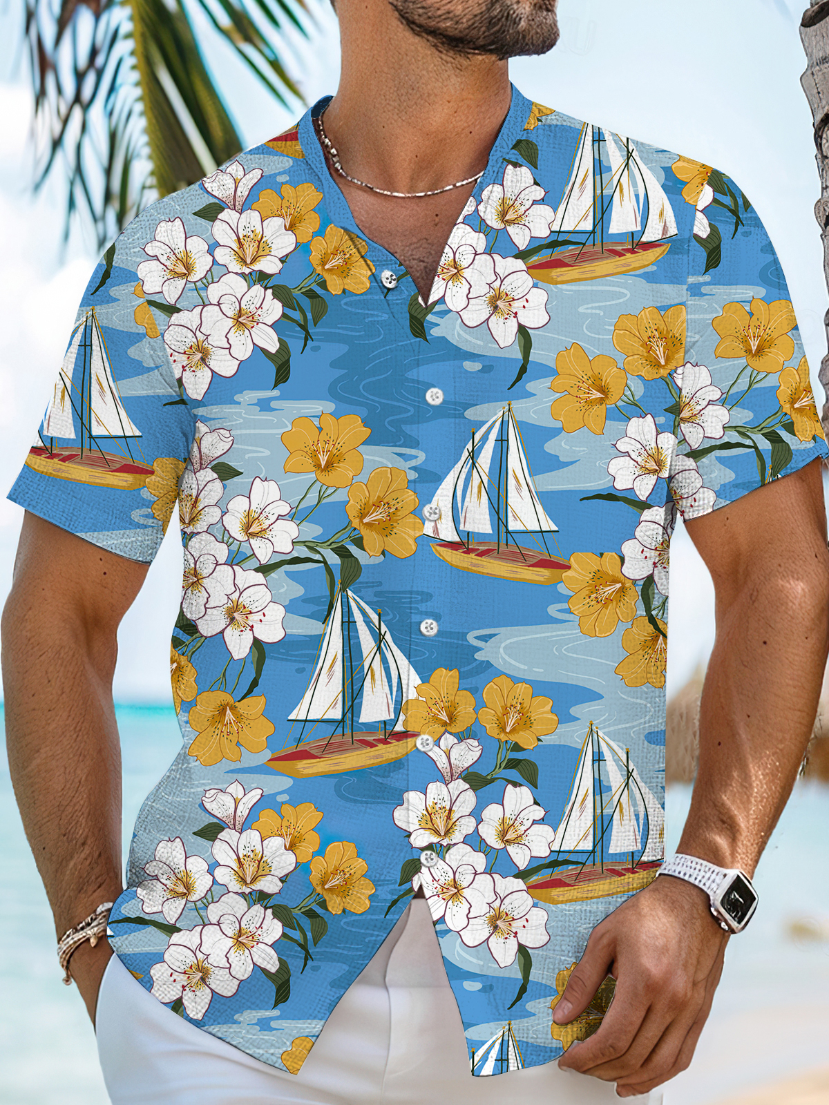 Men's Sailing Floral High Stretch Bamboo Fiber Short Sleeve Shirt