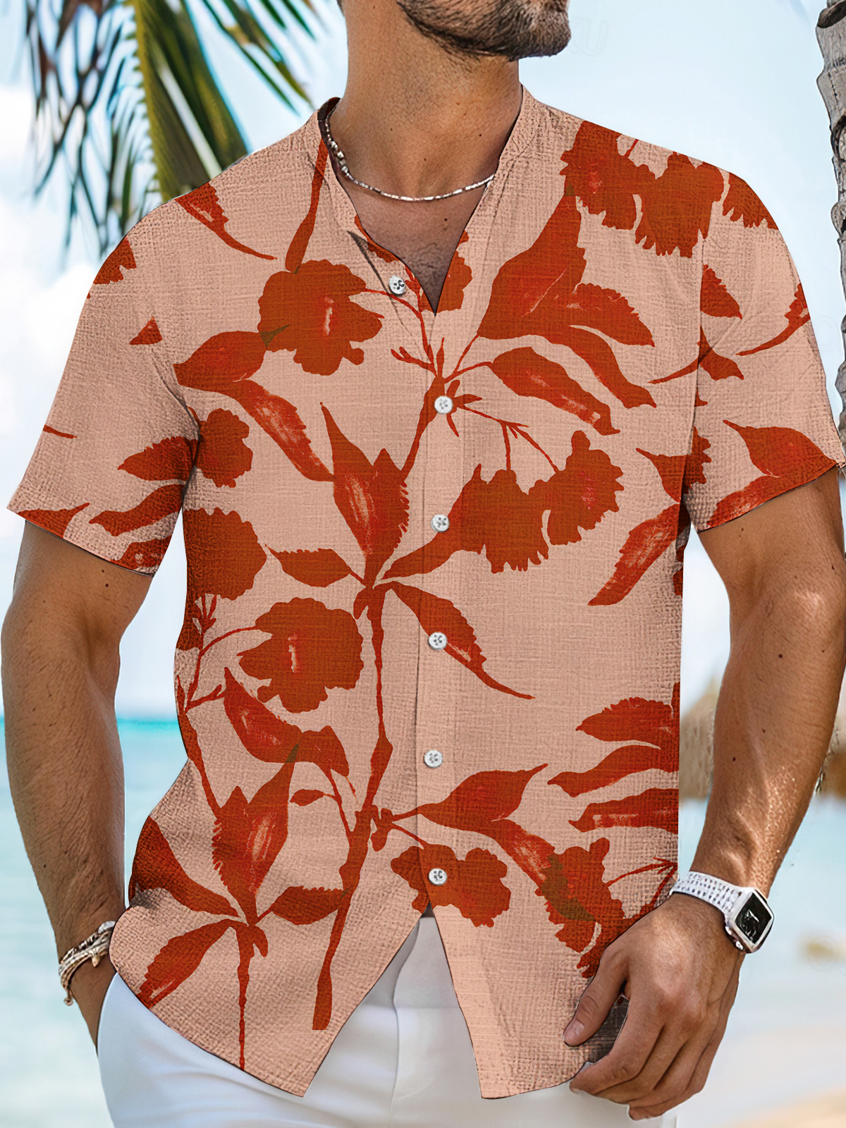 Men's Red Hawaiian Pattern High Stretch Bamboo Shirt