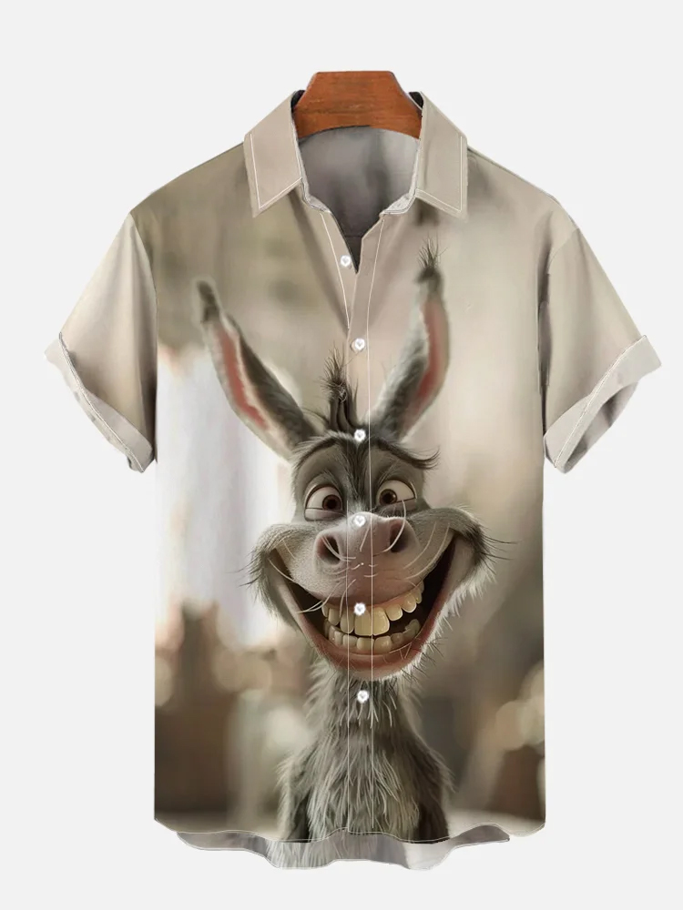 Men's Funny Animal Smiling Donkey Print Short Sleeve Shirt