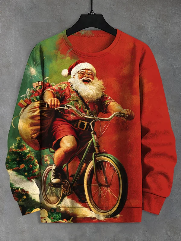Men's Retro Christmas Santa Claus Riding Bicycle Print Casual Sweatshirt